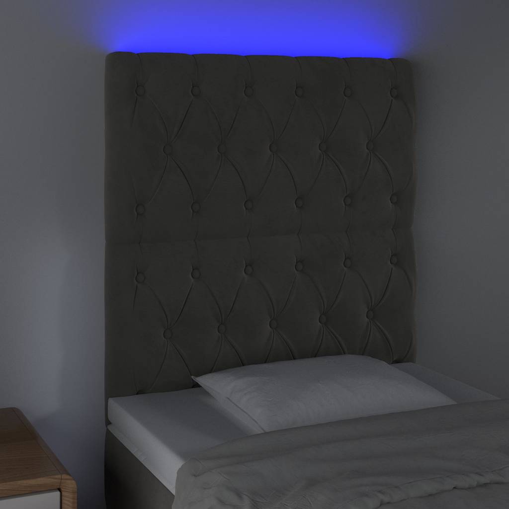 sengegavl med LED-lys 80x7x118/128 cm fløjl mørkegrå