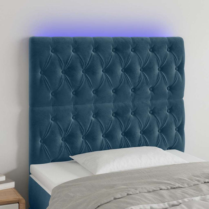 sengegavl med LED-lys 90x7x118/128 cm fløjl mørkeblå
