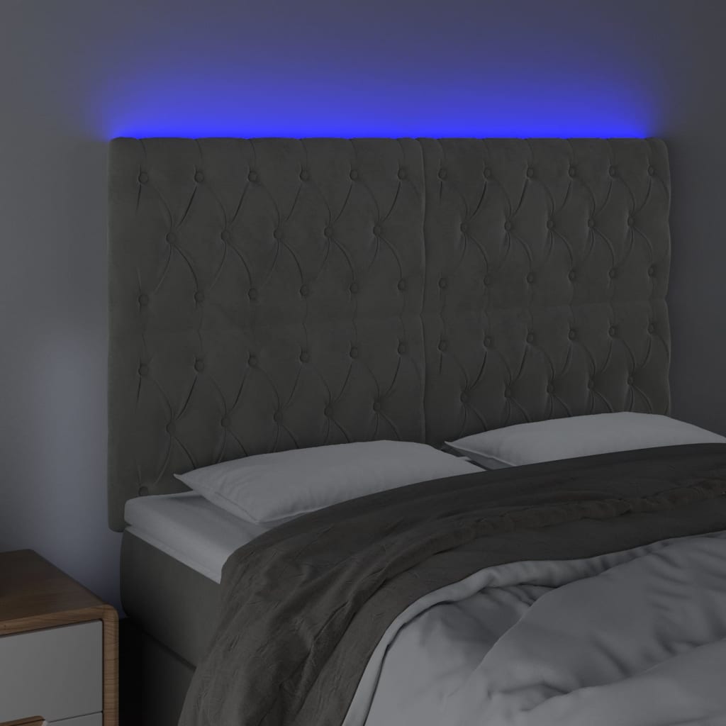 sengegavl med LED-lys 144x7x118/128 cm fløjl lysegrå