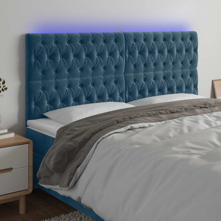 sengegavl med LED-lys 180x7x118/128 cm fløjl mørkeblå