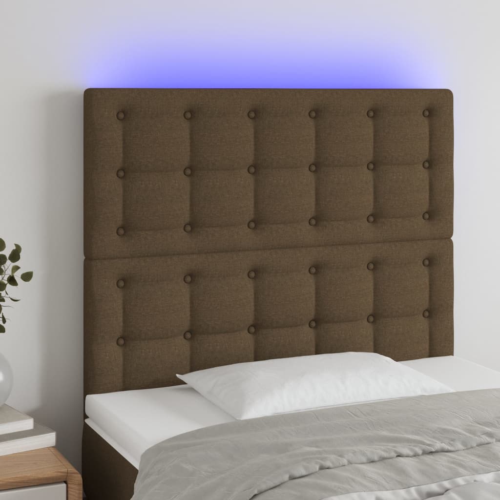 sengegavl med LED-lys 90x5x118/128 cm stof mørkebrun