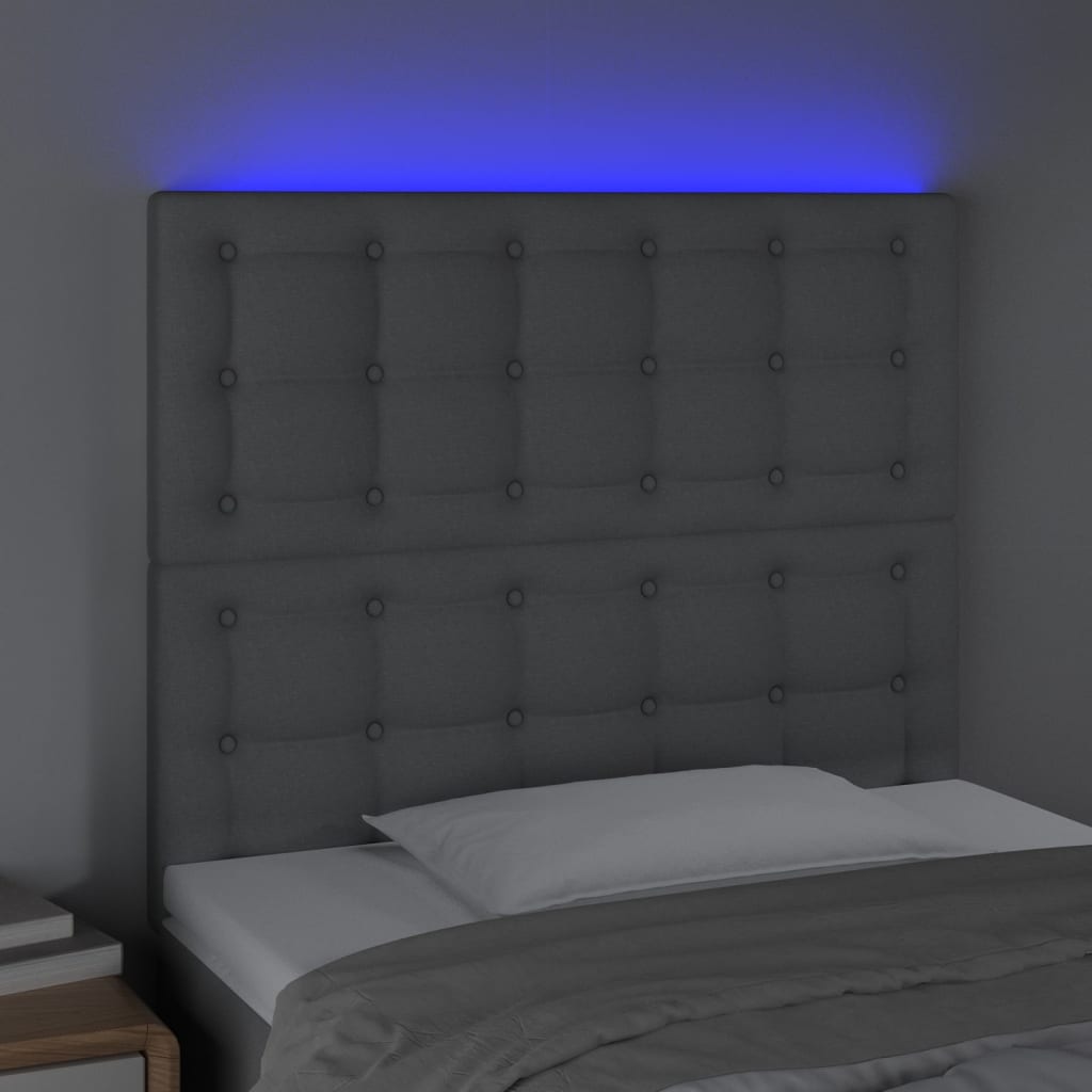 sengegavl med LED-lys 100x5x118/128 cm stof lysegrå