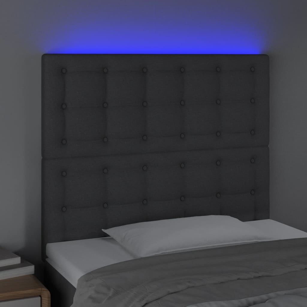 sengegavl med LED-lys 100x5x118/128 cm stof mørkegrå