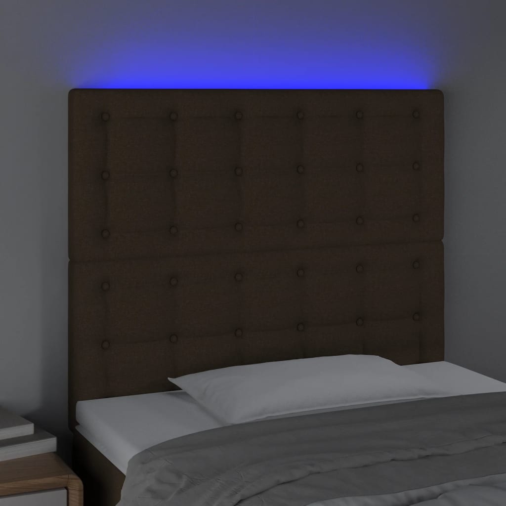 sengegavl med LED-lys 100x5x118/128 cm stof mørkebrun