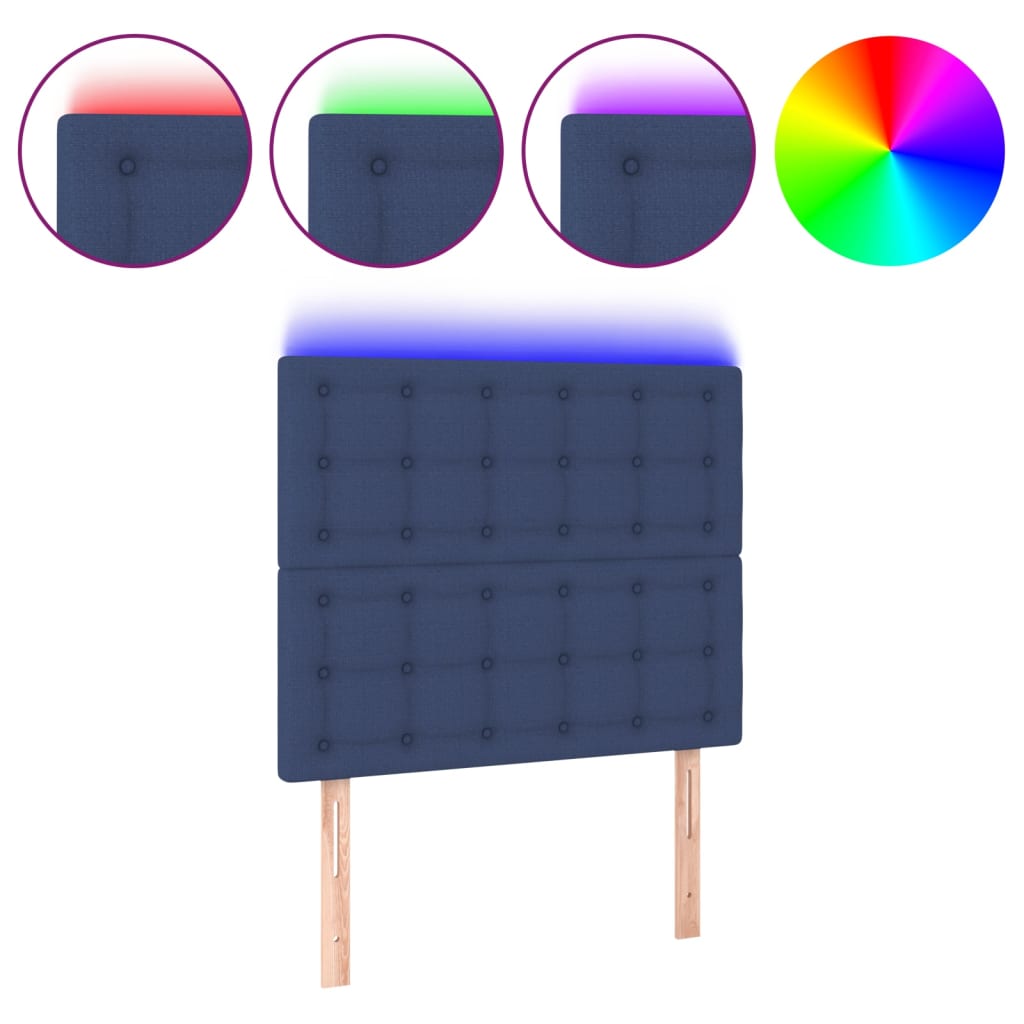 sengegavl med LED-lys 100x5x118/128 cm stof blå