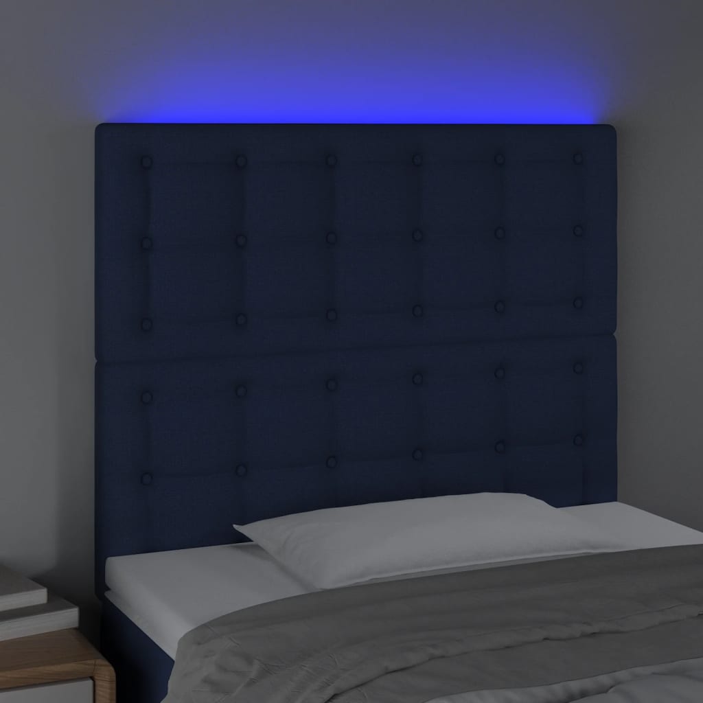 sengegavl med LED-lys 100x5x118/128 cm stof blå
