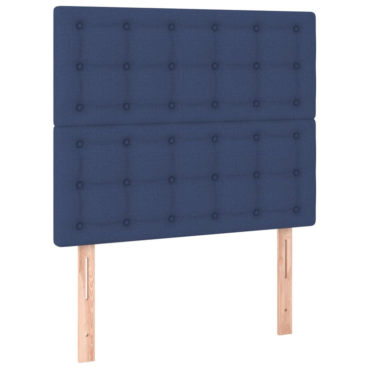 sengegavl med LED-lys 100x5x118/128 cm stof blå
