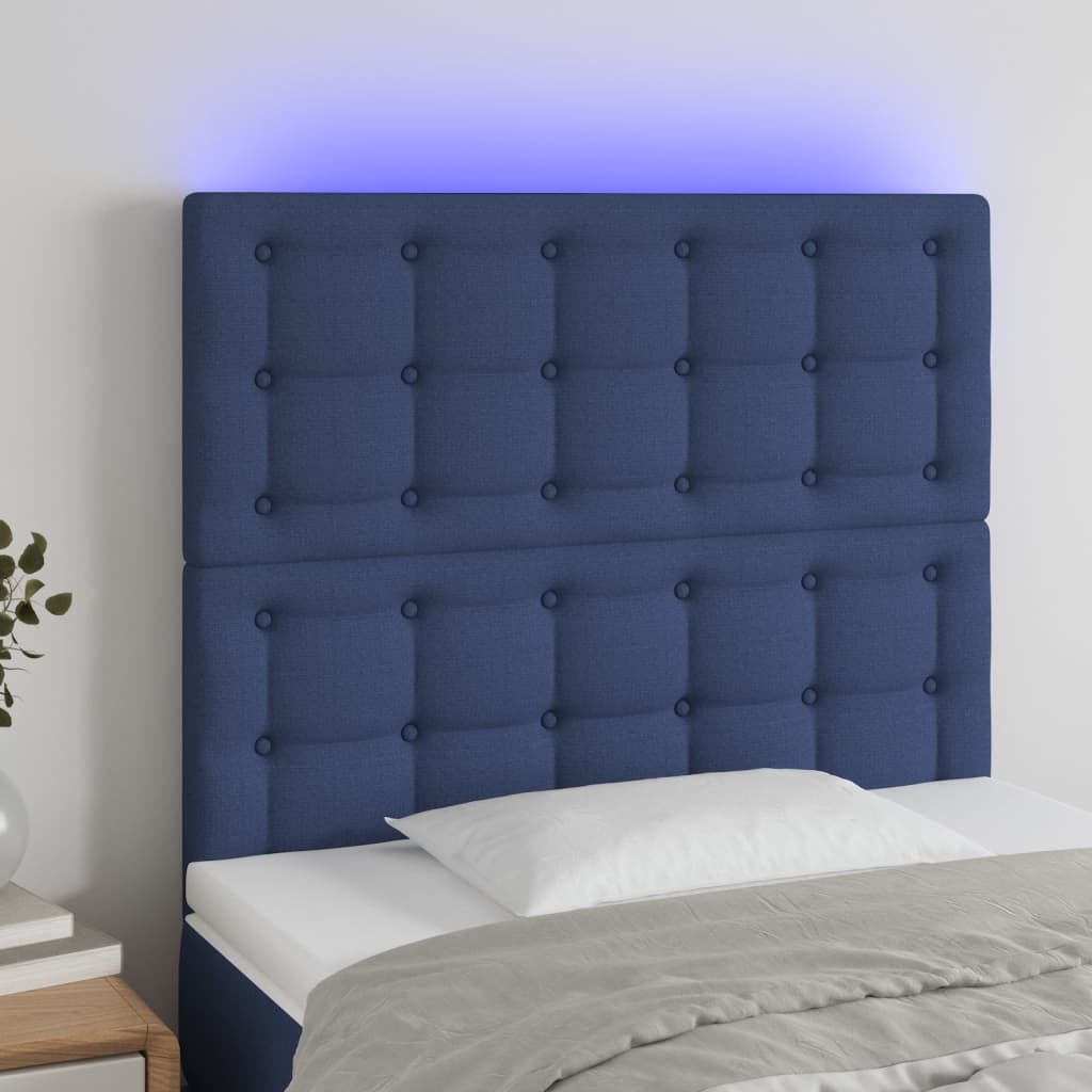sengegavl med LED-lys 100x5x118/128 cm stof blå