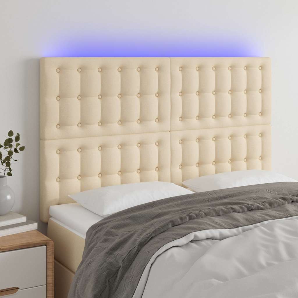 sengegavl med LED-lys 144x5x118/128 cm stof cremefarvet