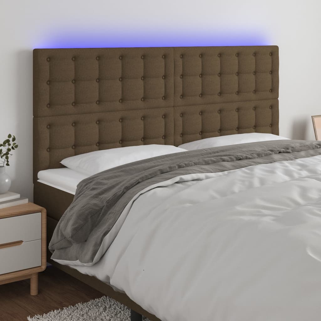 sengegavl med LED-lys 160x5x118/128 cm stof mørkebrun