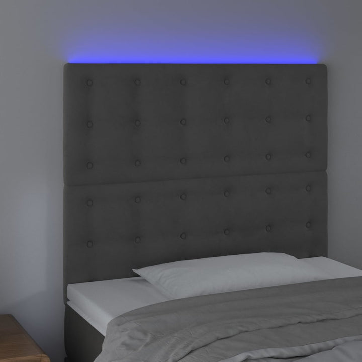 sengegavl med LED-lys 80x5x118/128 cm fløjl mørkegrå