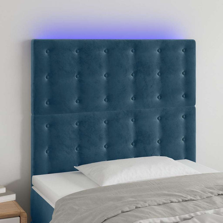 sengegavl med LED-lys 80x5x118/128 cm fløjl mørkeblå