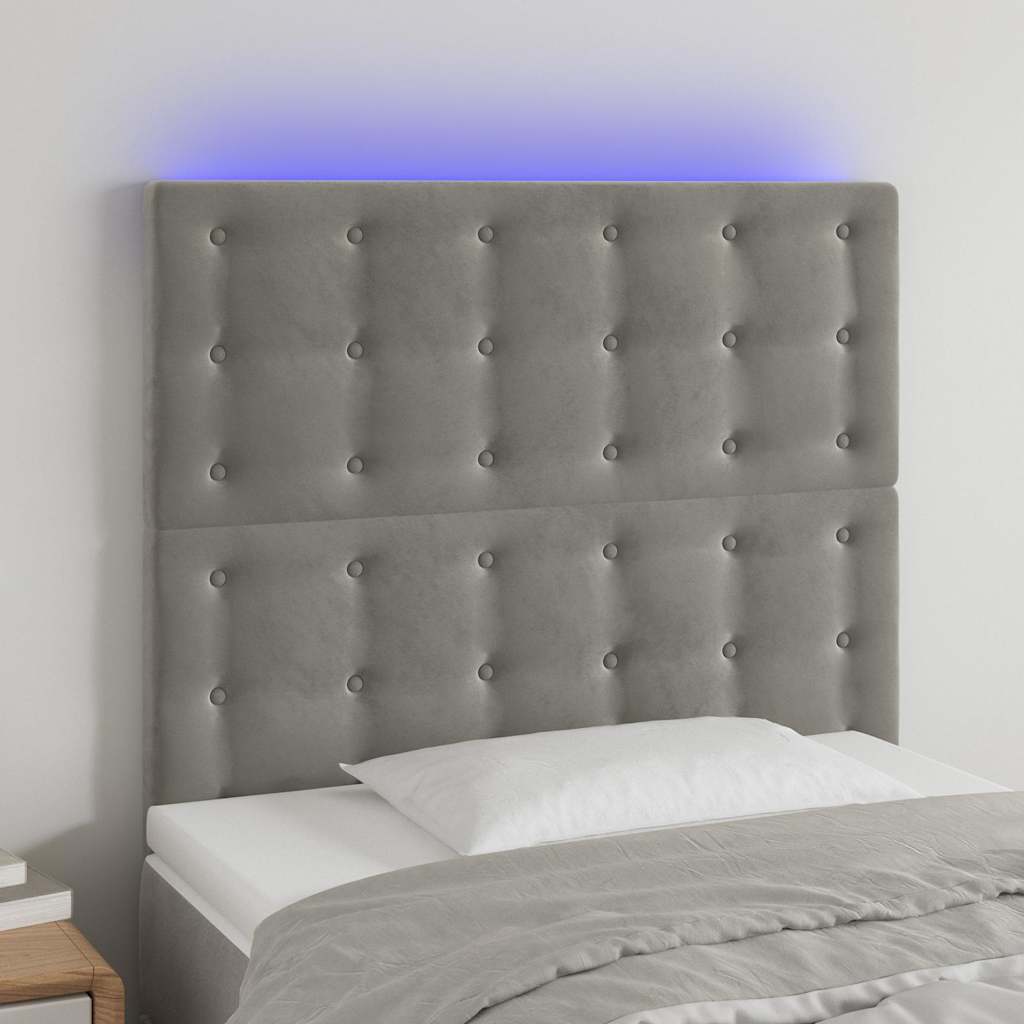 sengegavl med LED-lys 90x5x118/128 cm fløjl lysegrå