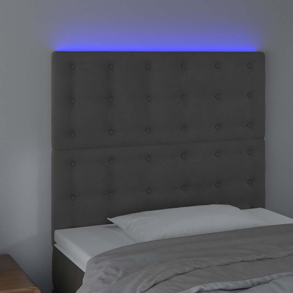 sengegavl med LED-lys 90x5x118/128 cm fløjl mørkegrå