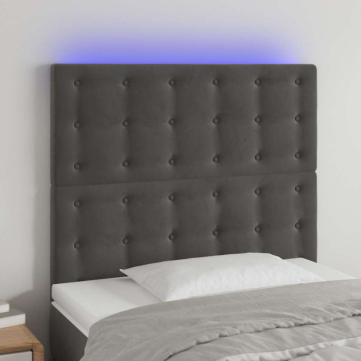 sengegavl med LED-lys 100x5x118/128 cm fløjl mørkegrå