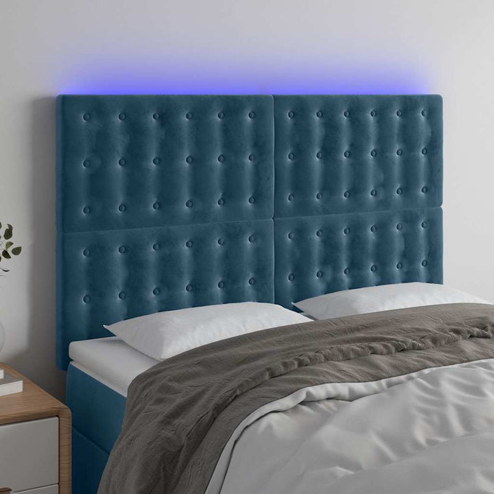 sengegavl med LED-lys 144x5x118/128 cm fløjl mørkeblå