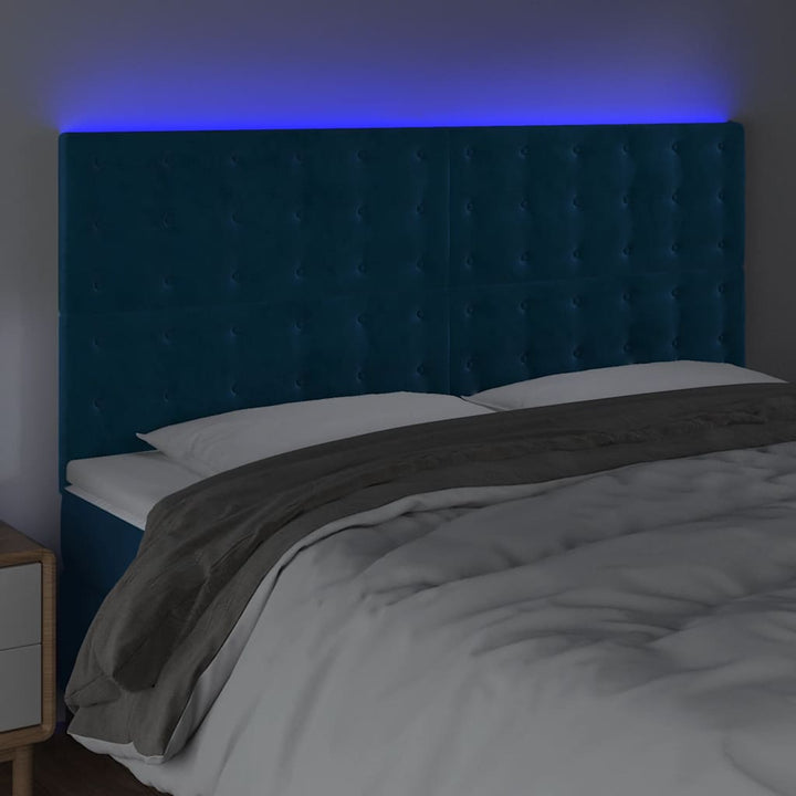 sengegavl med LED-lys 160x5x118/128 cm fløjl mørkeblå