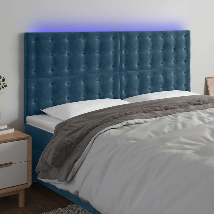 sengegavl med LED-lys 160x5x118/128 cm fløjl mørkeblå