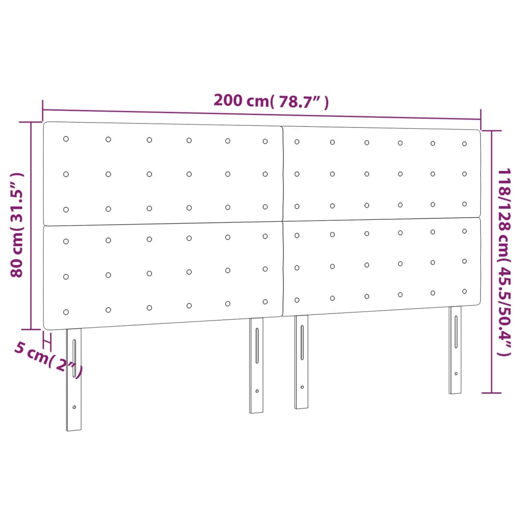 sengegavl med LED-lys 200x5x118/128 cm fløjl lysegrå