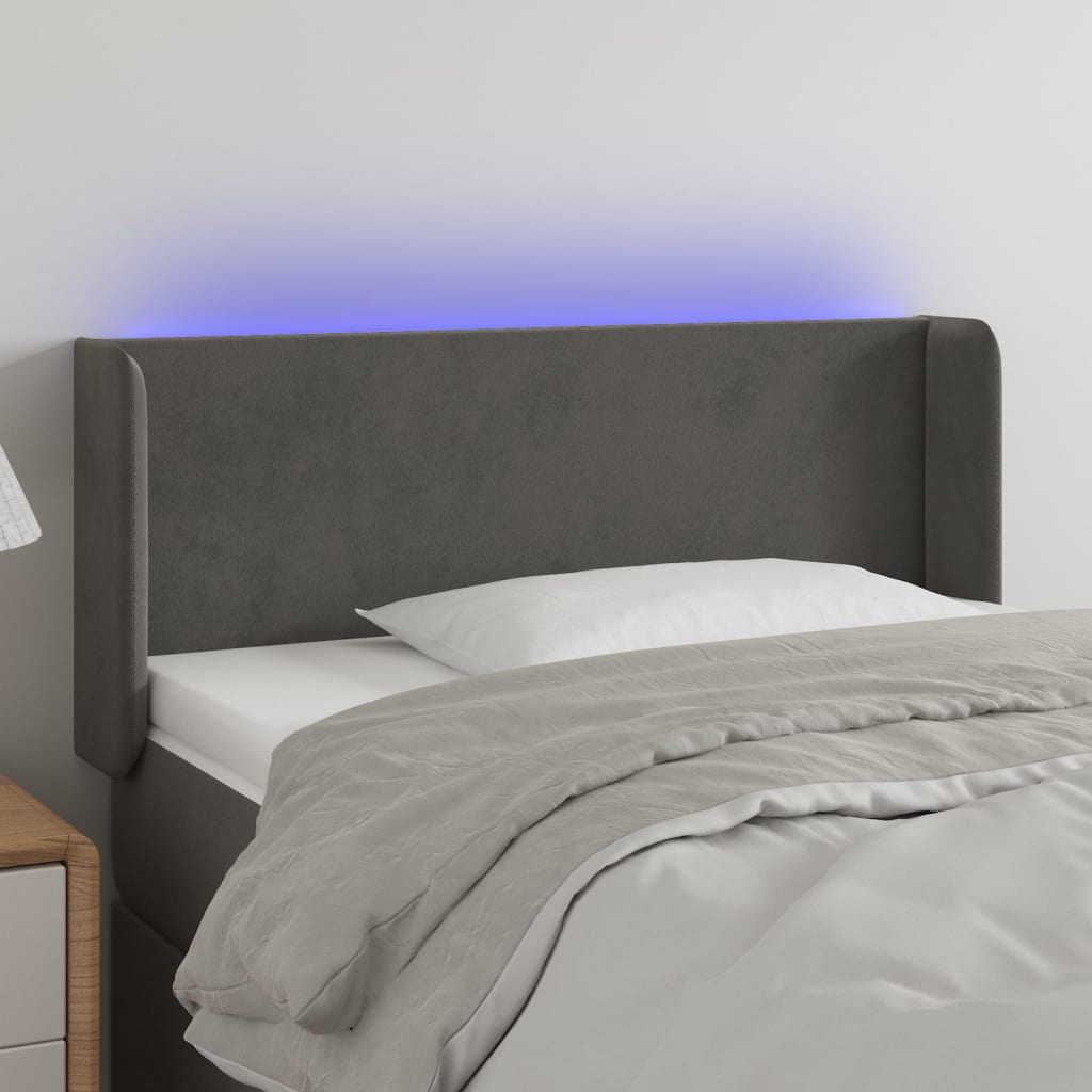 sengegavl med LED-lys 103x16x78/88 cm fløjl mørkegrå