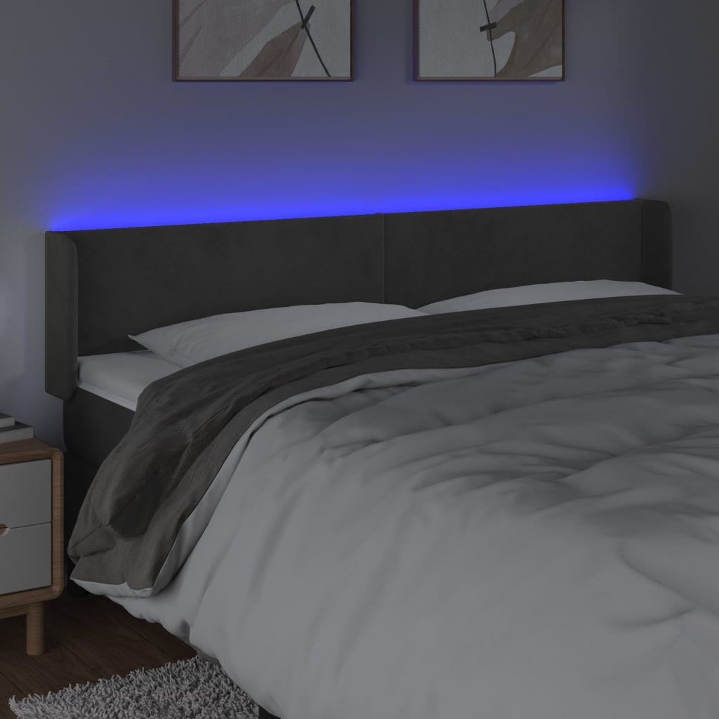 sengegavl med LED-lys 183x16x78/88 cm fløjl mørkegrå
