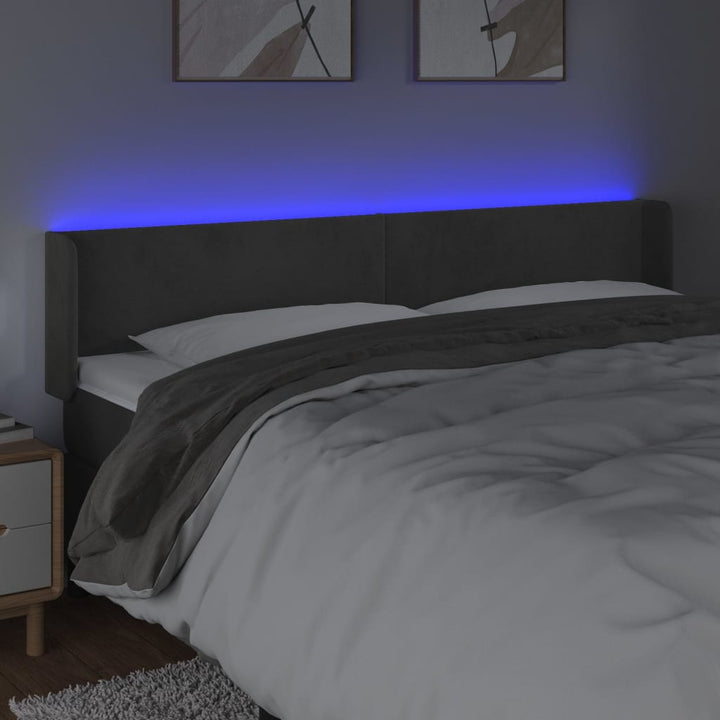 sengegavl med LED-lys 183x16x78/88 cm fløjl mørkegrå