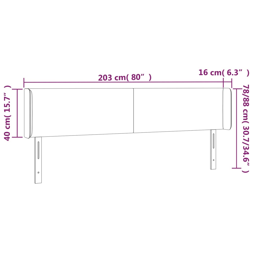 sengegavl med LED-lys 203x16x78/88 cm fløjl lysegrå