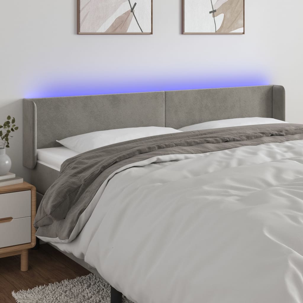 sengegavl med LED-lys 203x16x78/88 cm fløjl lysegrå
