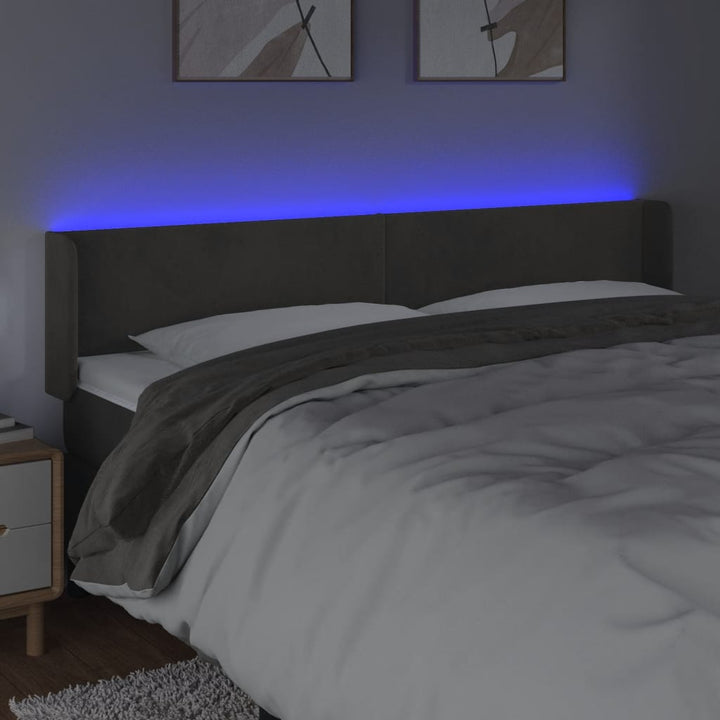 sengegavl med LED-lys 203x16x78/88 cm fløjl mørkegrå