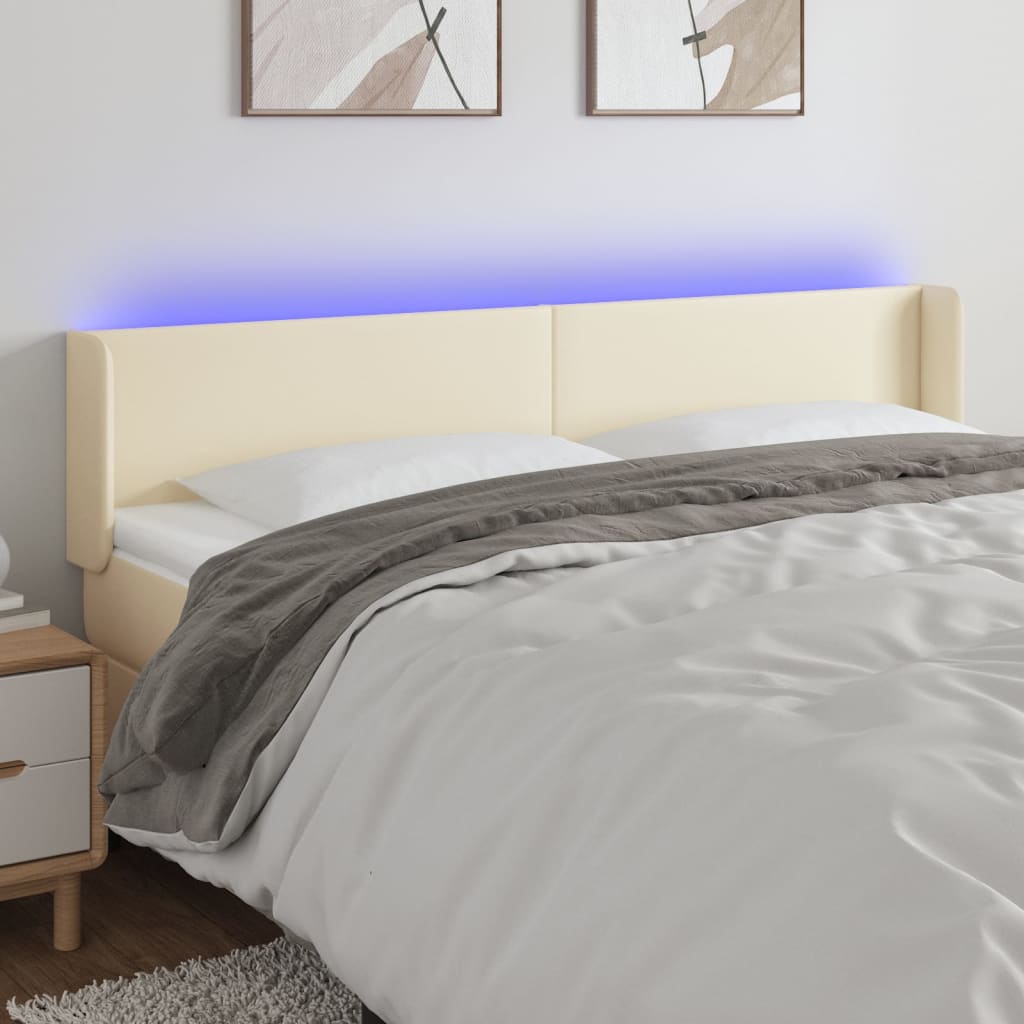 sengegavl med LED-lys 163x16x78/88 cm kunstlæder cremefarvet