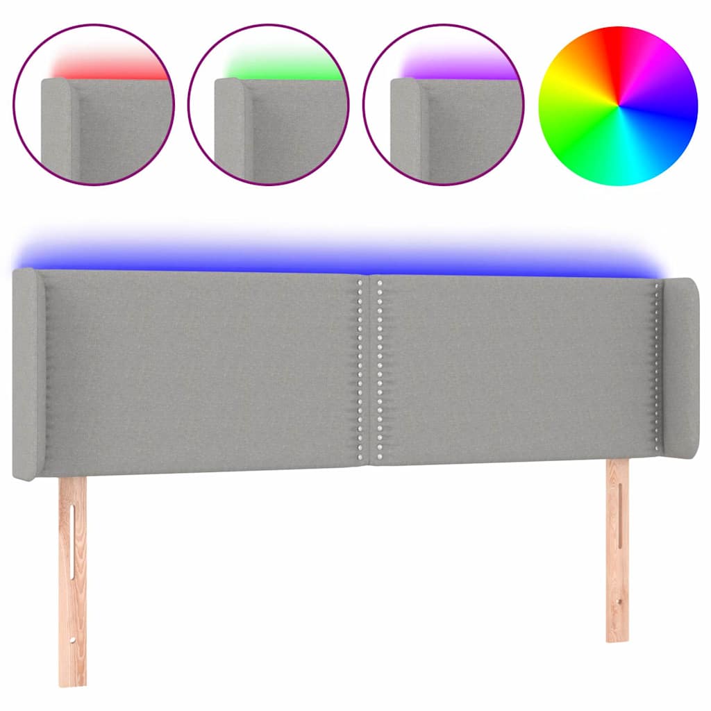 sengegavl med LED-lys 147x16x78/88 cm stof lysegrå