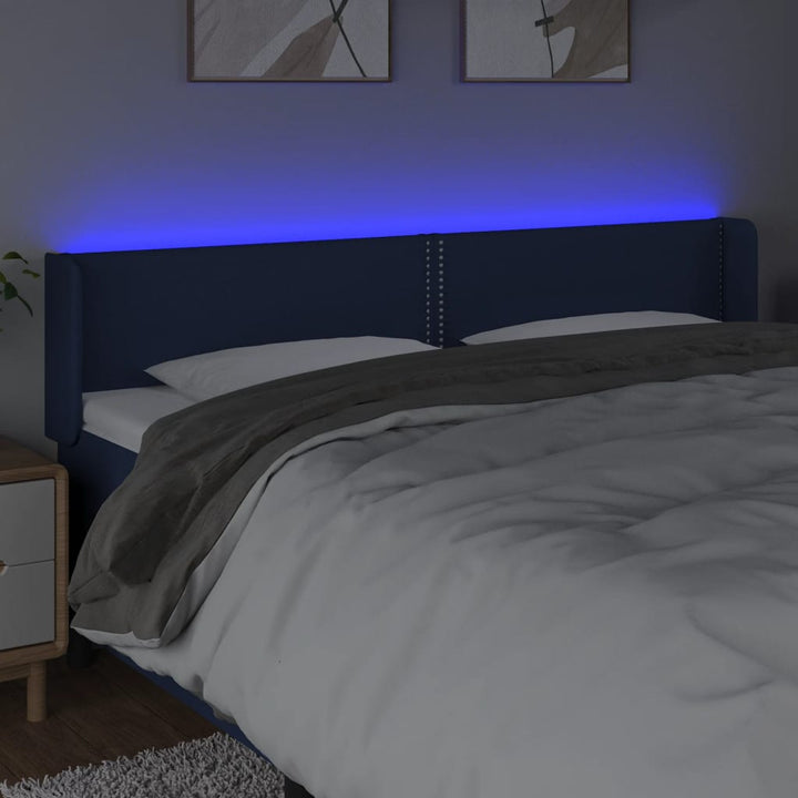 sengegavl med LED-lys 203x16x78/88 cm stof blå