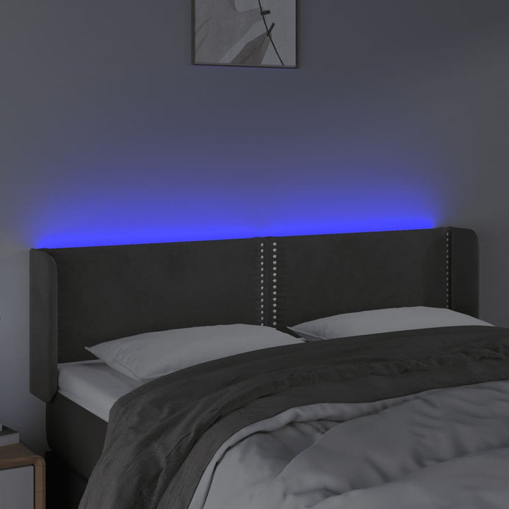 sengegavl med LED-lys 147x16x78/88 cm fløjl mørkegrå