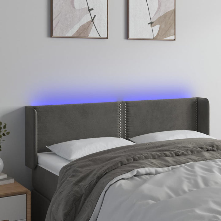sengegavl med LED-lys 147x16x78/88 cm fløjl mørkegrå
