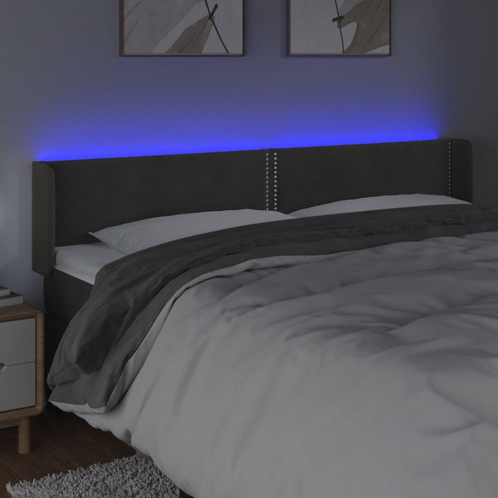sengegavl med LED-lys 163x16x78/88 cm fløjl mørkegrå