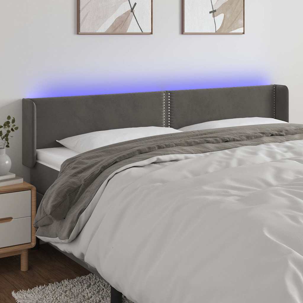 sengegavl med LED-lys 163x16x78/88 cm fløjl mørkegrå