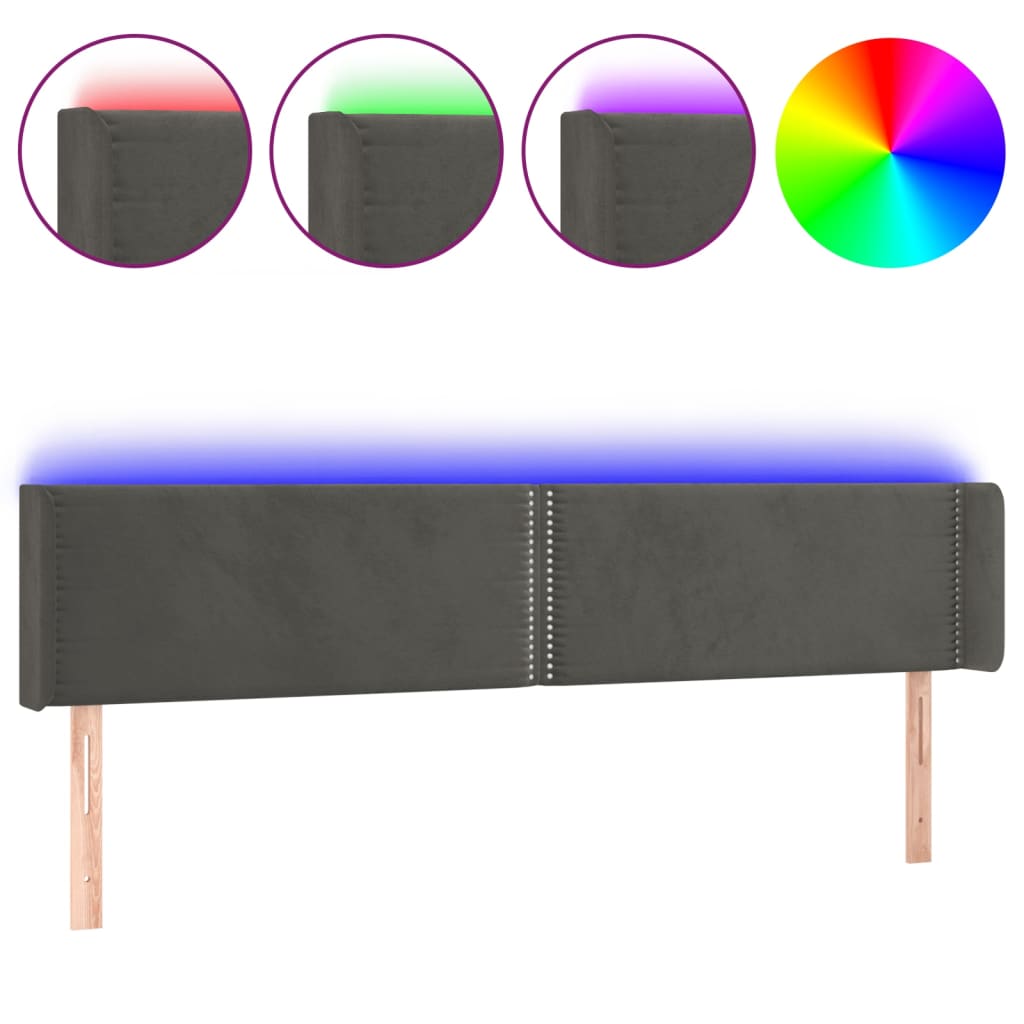 sengegavl med LED-lys 183x16x78/88 cm fløjl mørkegrå