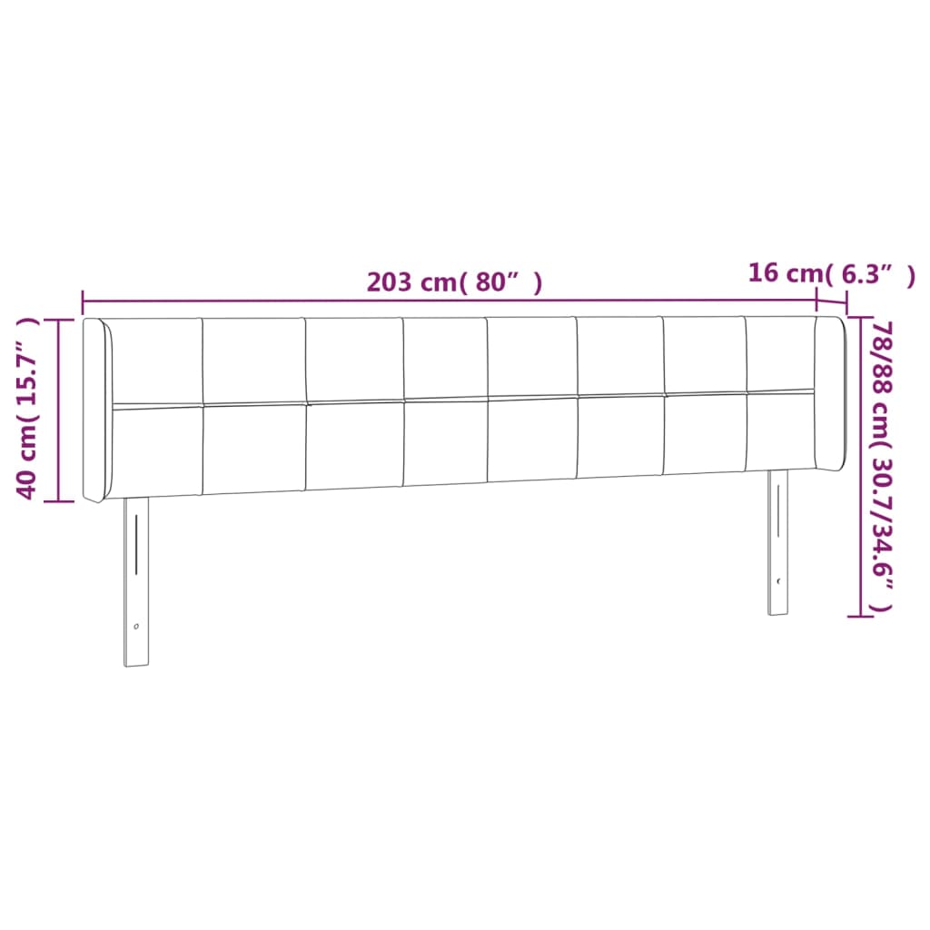 sengegavl med LED-lys 203x16x78/88 cm stof mørkegrå