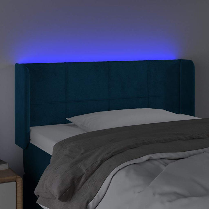 sengegavl med LED-lys 83x16x78/88 cm stof Mørkeblå