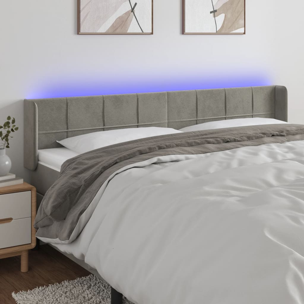 sengegavl med LED-lys 203x16x78/88 cm fløjl lysegrå