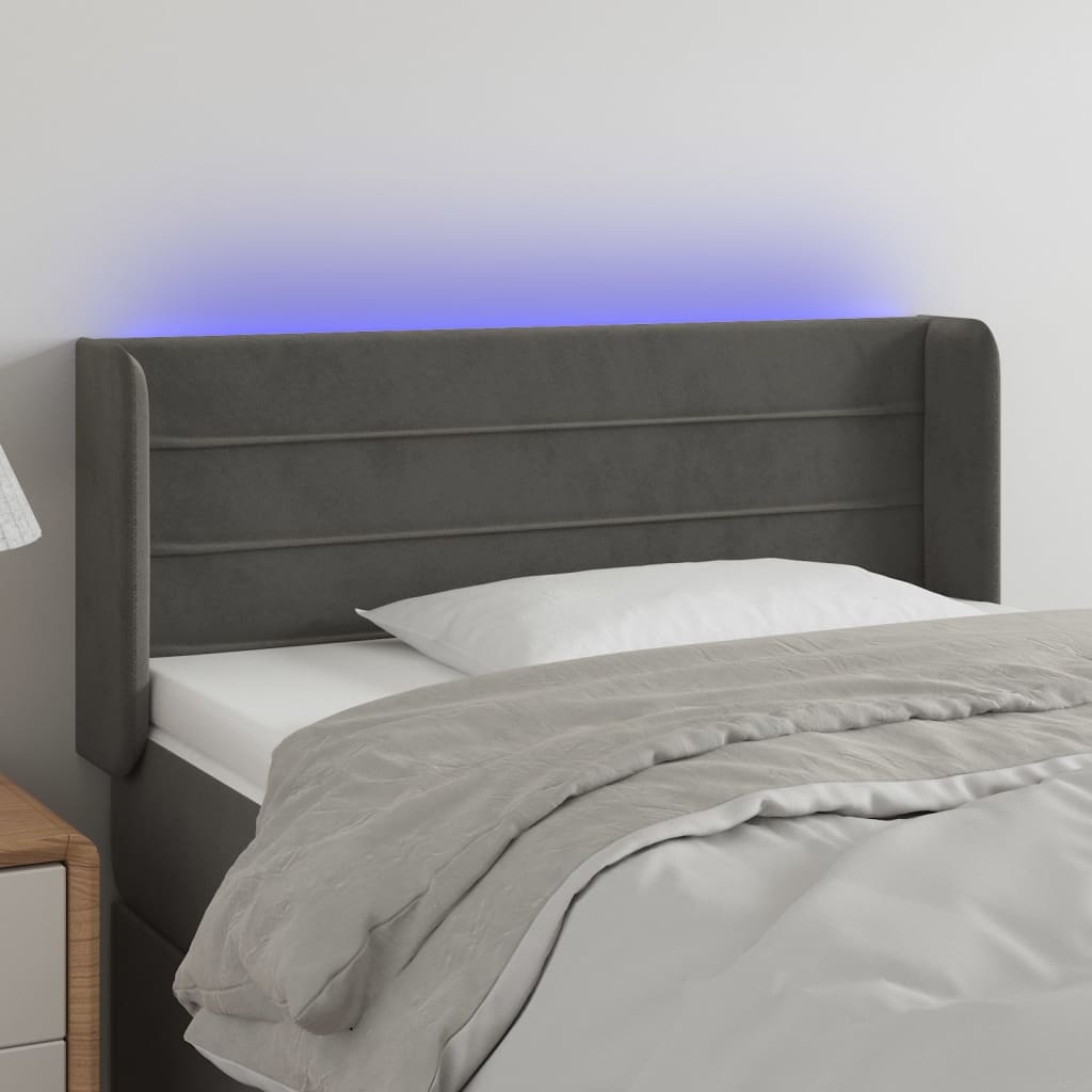 sengegavl med LED-lys 93x16x78/88 cm fløjl mørkegrå