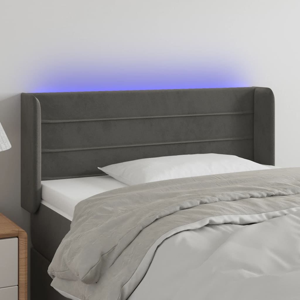 sengegavl med LED-lys 103x16x78/88 cm fløjl mørkegrå