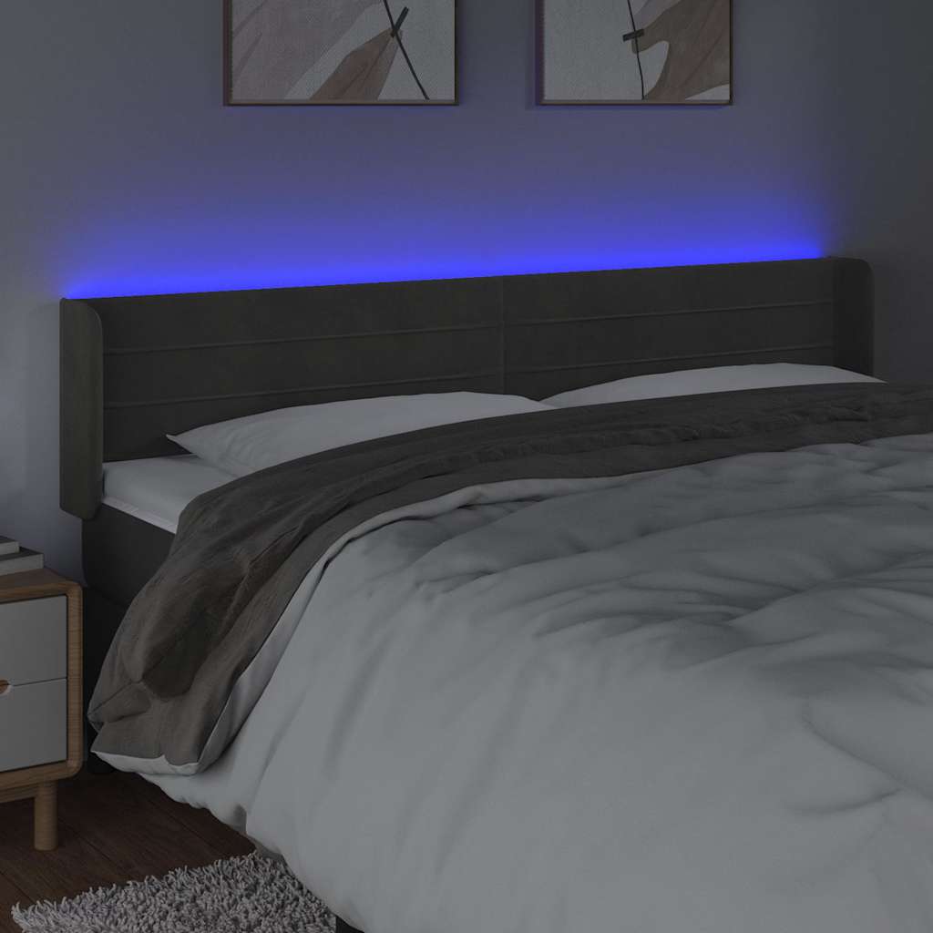 sengegavl med LED-lys 163x16x78/88 cm fløjl mørkegrå