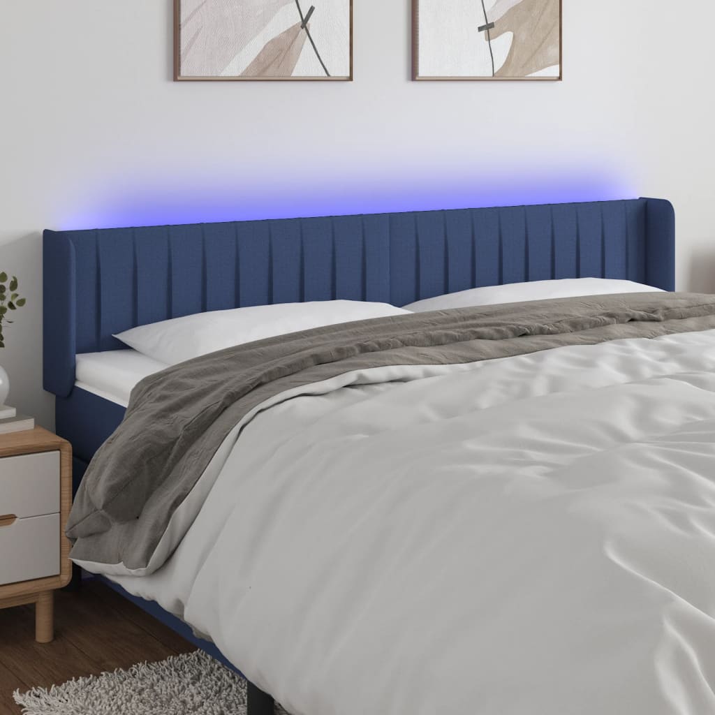 sengegavl med LED-lys 163x16x78/88 cm stof blå