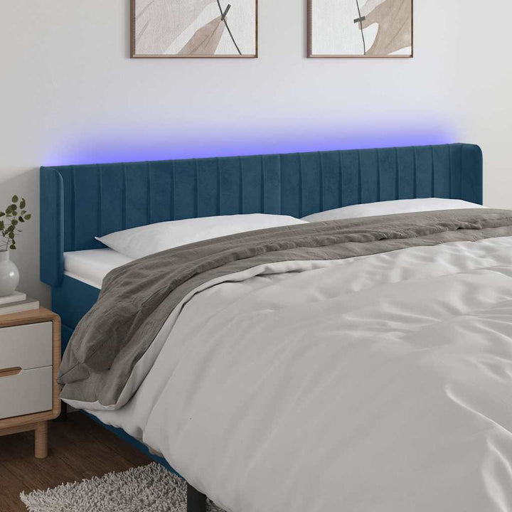 sengegavl med LED-lys 163x16x78/88 cm fløjl mørkeblå