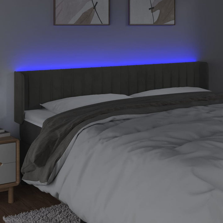 sengegavl med LED-lys 183x16x78/88 cm fløjl mørkegrå