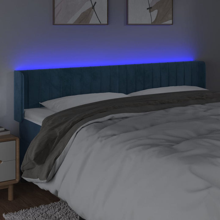 sengegavl med LED-lys 203x16x78/88 cm fløjl mørkeblå
