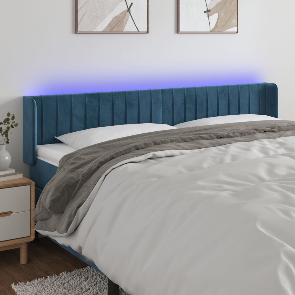 sengegavl med LED-lys 203x16x78/88 cm fløjl mørkeblå