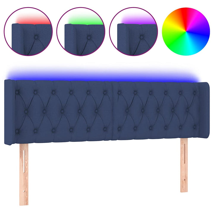 sengegavl med LED-lys 147x16x78/88 cm stof blå