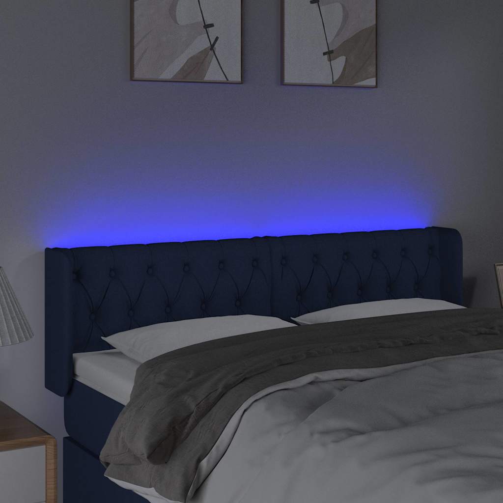 sengegavl med LED-lys 147x16x78/88 cm stof blå